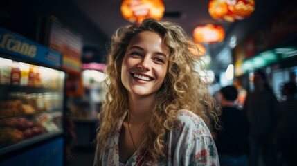 b'Portrait of a young blonde woman smiling in a brightly lit indoor setting'