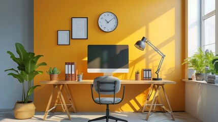 Home Office: A 3D vector illustration of a compact home office, with a foldable desk