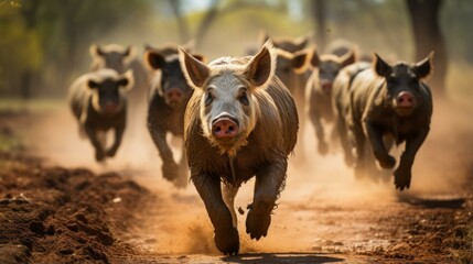 b'A group of feral pigs running through a dusty field'