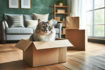 A cat sits in a cardboard box on the living room floor. Cozy domestic scene with adorable pet