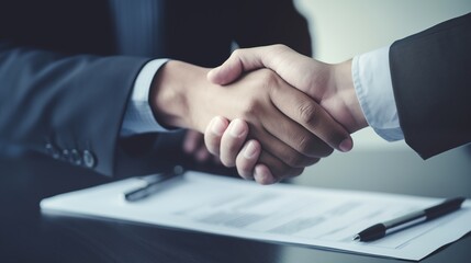 Business negotiation meeting involves handshake and contract signing, sealing agreements and formalizing terms between parties for mutual understanding and commitment.
 - obrazy, fototapety, plakaty