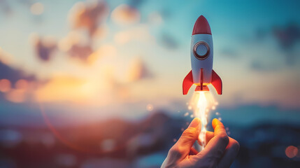 Businessman control rocket is launching and soar flying out from hand to sky for growth business, Fast business success, Startup business concept