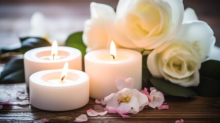 Obraz na płótnie Canvas For Mother's Day, a soothing spa awaits, complete with flickering candles, offering relaxation and rejuvenation in a tranquil atmosphere. 