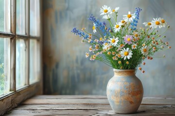Bouquet of wildflowers by a rustic window