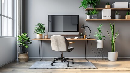 Interior Design: A stylish home office with a sleek desk, ergonomic chair