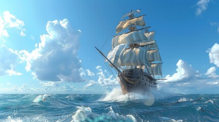A large ship sails through the ocean with a cloudy sky in the background. Scene is calm and peaceful, as the ship glides through the water