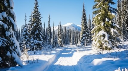 b'A winter wonderland of snow-covered trees and a winding path' - obrazy, fototapety, plakaty