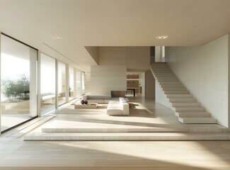 b'Bright and Airy Minimalist Living Room With High Ceiling'