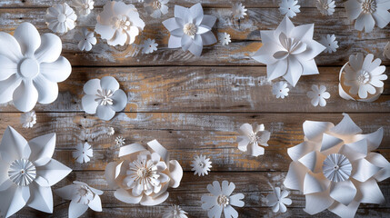 A delicate arrangement of handmade paper flowers scattered elegantly on a rustic wooden background, bathed in soft natural light.