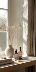 b'Dried flowers in vase on wooden shelf with window in background'