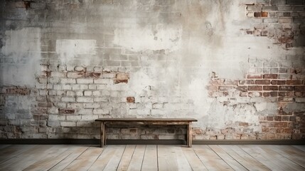 b'An empty room with a wooden bench'