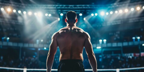 b'Male boxer standing in the ring with his back turned to the camera'