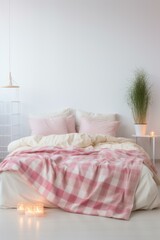 b'A cozy bedroom with a pink gingham blanket'