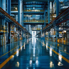 b'The interior of a modern industrial building with blue epoxy resin flooring'