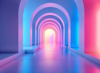 Futuristic Sci-Fi Corridor With Glowing Archways And Neon Lights