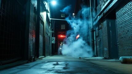 b'Dark and mysterious alleyway with blue smoke'