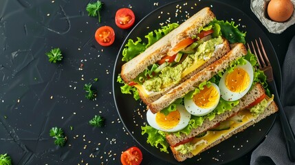 Sandwiches with cheese, avokado and eggs on black plate background. Healthy food. Diet concept. High quality photo 