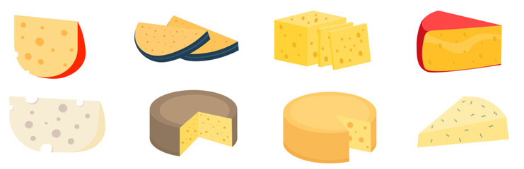 PNG, Fresh parmesan or cheddar. Set of cheese wheels and slices isolated on a white background. Various types of cheese. Modern flat style realistic icons. Vector illustration