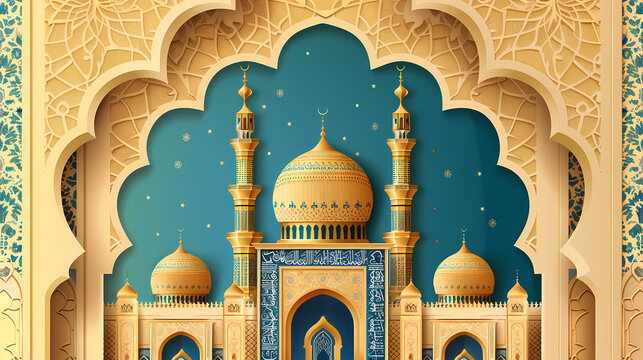 poster template with ornament lettern and mosque vector background design