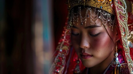 Captivating fashion photography session highlighting the beauty of a Tibetan girl wearing intricately designed Tibetan-element fashion, blending cultural heritage 