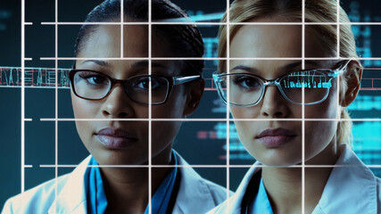 Medical models wearing glasses and white coat against DNA graphics background. Digital composite of Medical models with DNA graphics or backgrounds - Powered by Adobe