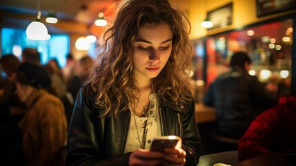 b'Young woman looking at her phone in a bar'