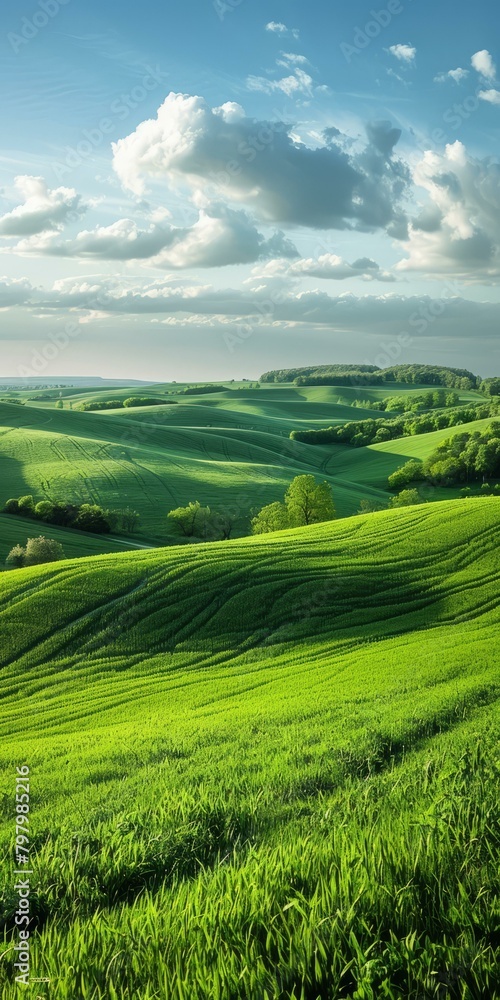 Wall mural b'green rolling hills under blue sky with white clouds'