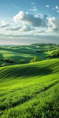 b'Green rolling hills under blue sky with white clouds'