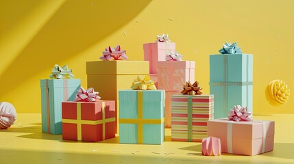 Vibrant gift boxes set against a sunny yellow backdrop sparking ideas for birthdays Mother s Day Valentine s Day and Father s Day