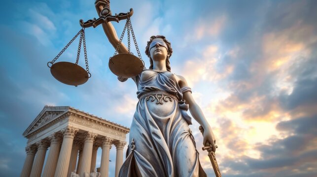 b'Lady Justice statue with the Supreme Court building in the background'