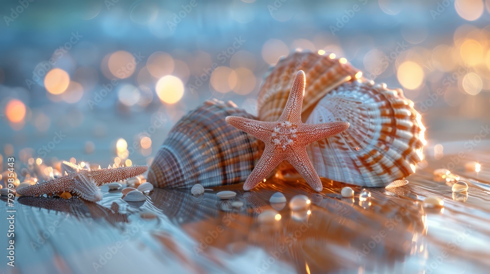 Fototapete A starfish and three shells are on a table. The shells are of different sizes and colors, and the starfish is in the middle. The scene has a beachy, relaxing vibe, and the shells
