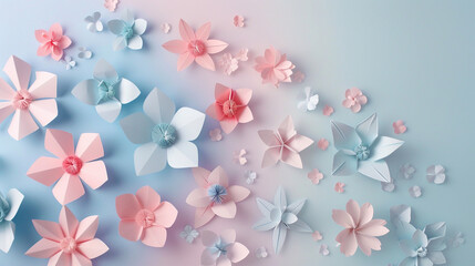 A serene and tranquil scene of delicate paper flowers arranged against a soft pastel background, emanating a sense of calmness and tranquility.