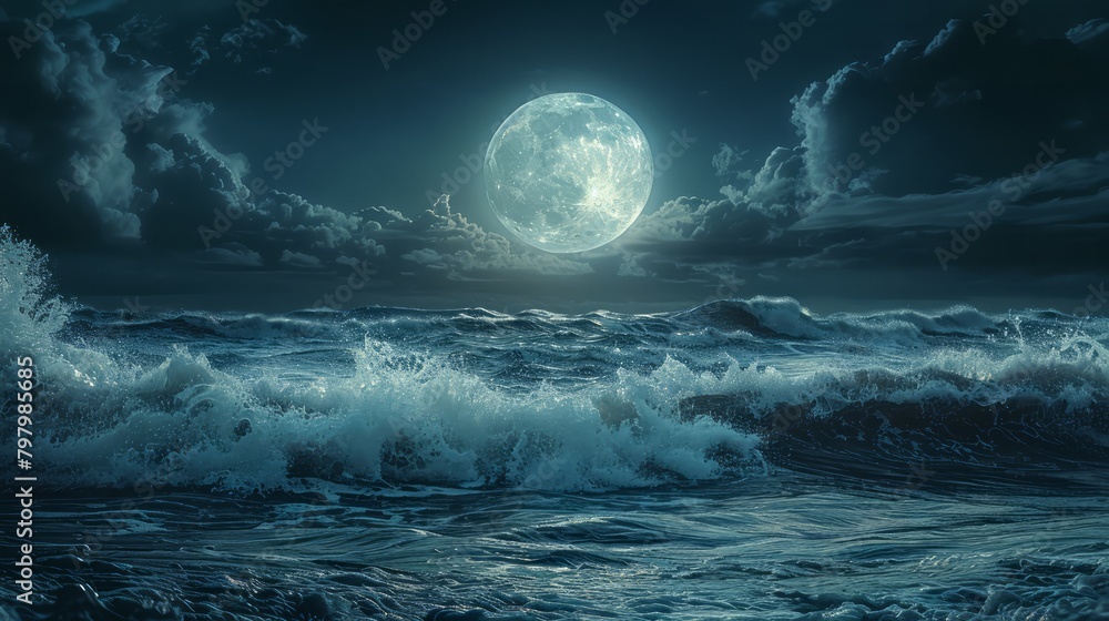 Aufkleber a large moon is reflected in the water of the ocean. the sky is dark and cloudy, and the waves are c