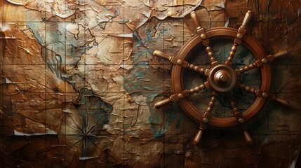 Fototapeta premium A wooden steering wheel is on a map of the world. The map is old and worn, and the steering wheel is the focal point of the image. Scene is nostalgic and adventurous