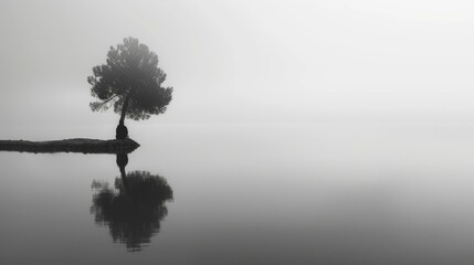 b'black and white photo of a lonely tree in the middle of a lake with fog' - obrazy, fototapety, plakaty