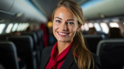 b'Portrait of a beautiful young blonde flight attendant smiling at the camera'