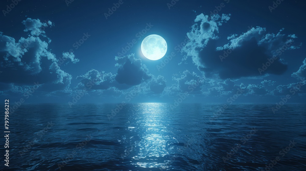 Aufkleber A large moon is reflected in the calm ocean waters. The sky is filled with clouds, creating a serene and peaceful atmosphere