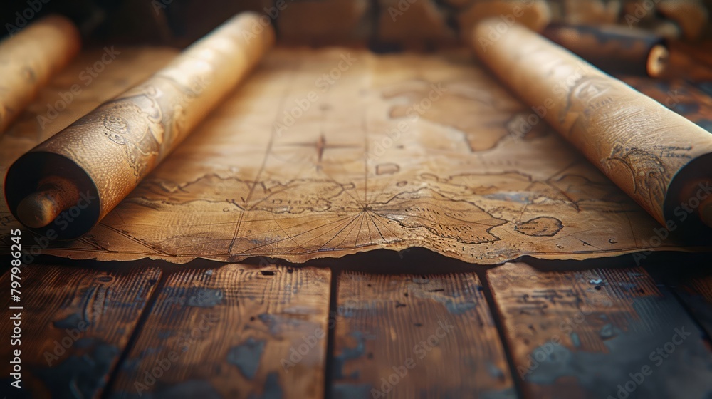 Poster a map is rolled up and placed on a wooden table. the map is old and has a vintage feel to it