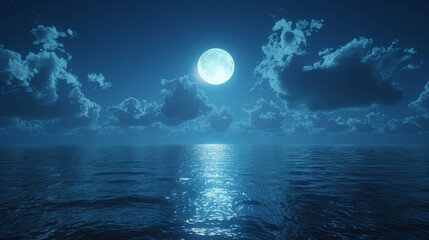 A large moon is reflected in the calm ocean waters. The sky is filled with clouds, creating a serene and peaceful atmosphere