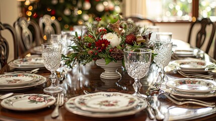 Fototapeta premium Seasonal Decor Festive Table: Photos of a beautifully set table with seasonal decor