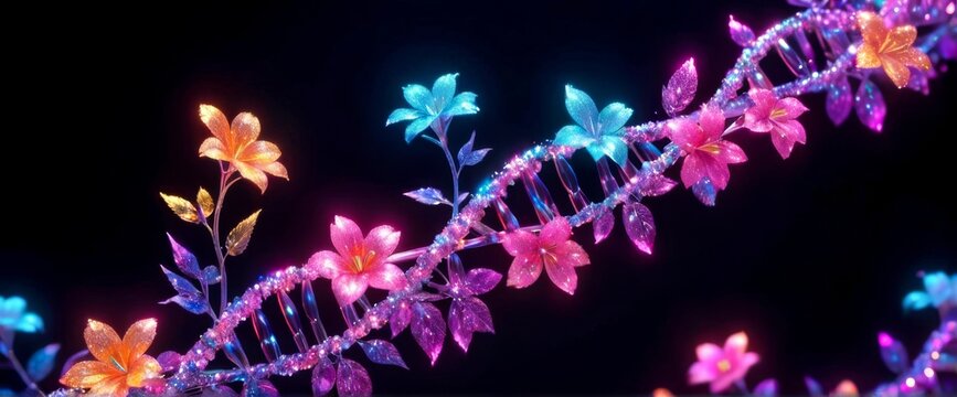 Neon glowing DNA strand with flowers around growing, on dark background, 3d render style, sparkle, DNA model, aura colors rainbow, human body, biology study, Genetic concept