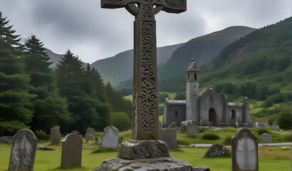 Old Celtic Cross in Glendalough, Wicklow mountain, Ireland
