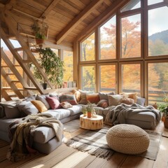 b'A cozy living room with a large window looking out onto a beautiful fall forest'
