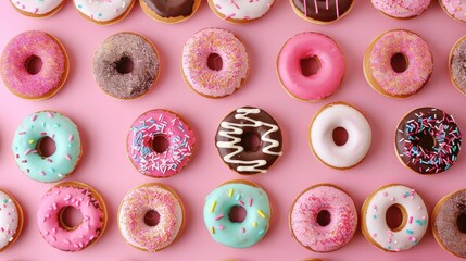 Round donuts with sprinkles, dessert in sweet pink glaze. Sweet dessert. Bright, juicy background.