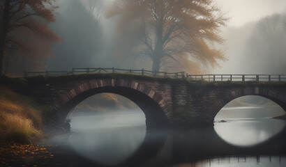 Moody Autumn River Scene with Bridge and Ruined Building. Atmospheric Melancholy Style. 
