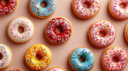 Round donuts with sprinkles, dessert in sweet pink glaze. Sweet dessert. Bright, juicy background.