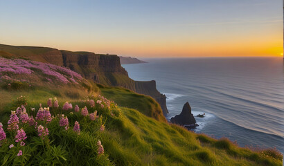 Sunset and flowers at Cliffs of Moher, County Clare, Munster province, Republic of Ireland, Europe.
