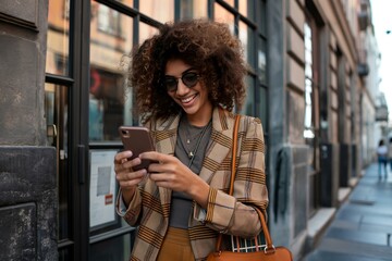 Modern Businesswoman Enjoying a Break Outdoors with Smartphone