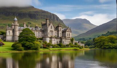 Panorama of Kylemore Abbey, beautiful castle like abbey reflected in lake at the foot of a...