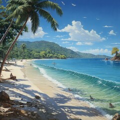 b'An illustration of a tropical beach with palm trees, blue water, and people swimming and relaxing on the sand'